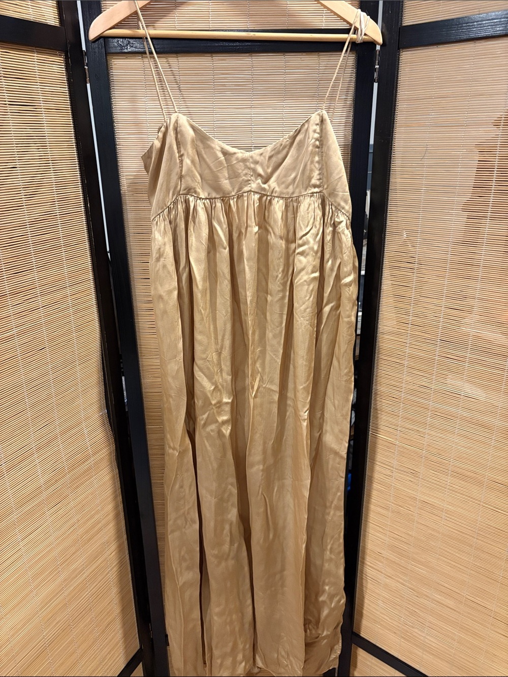 Gold Satin Spaghetti-Strap Maxi Dress